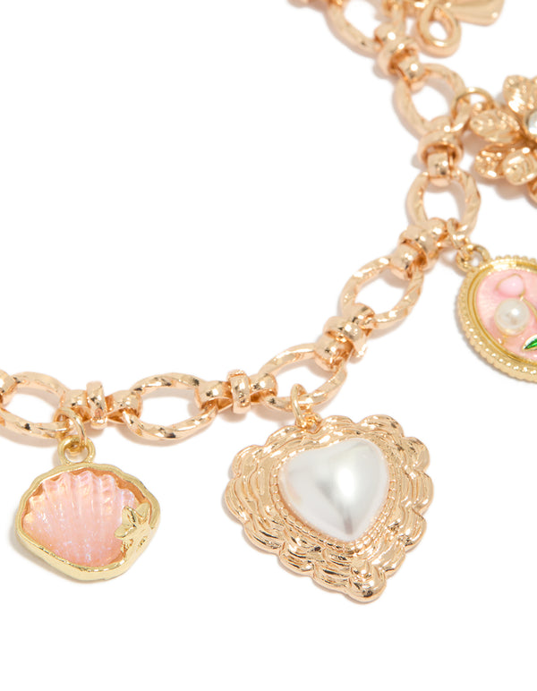 Gold Heart & Rose Charm Bracelet
