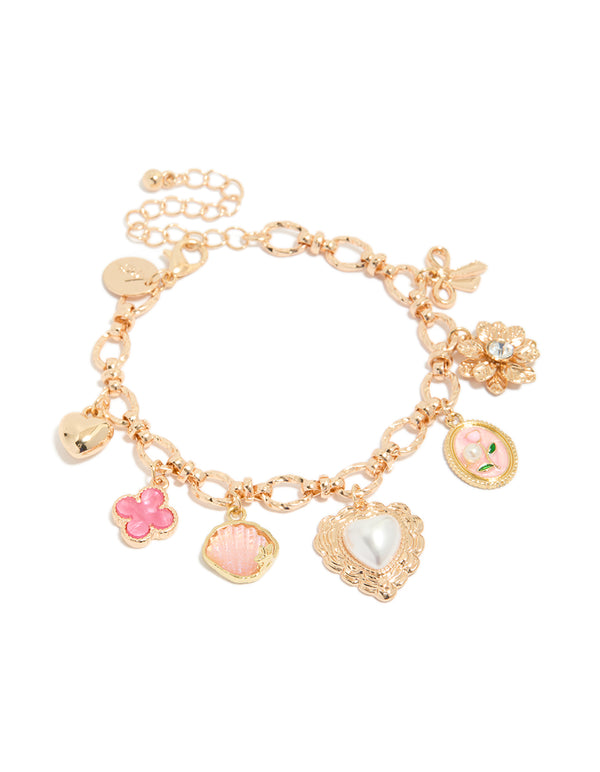 Gold Heart & Rose Charm Bracelet