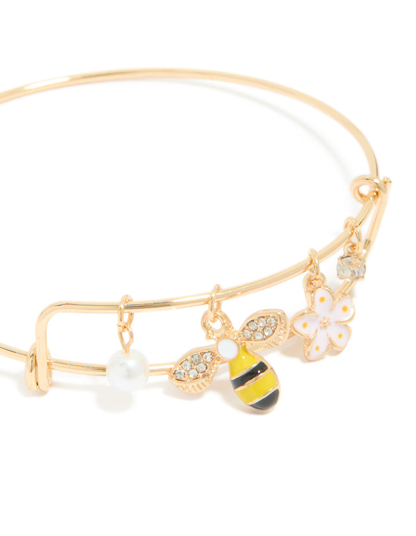 Gold Bee & Flower Charm Bangle