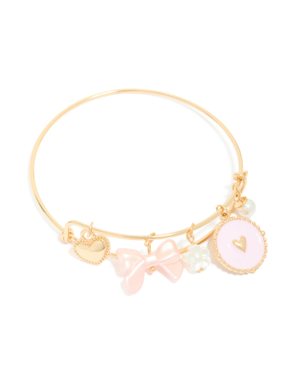 Gold Bow, Heart & Pearl Charm Bangle