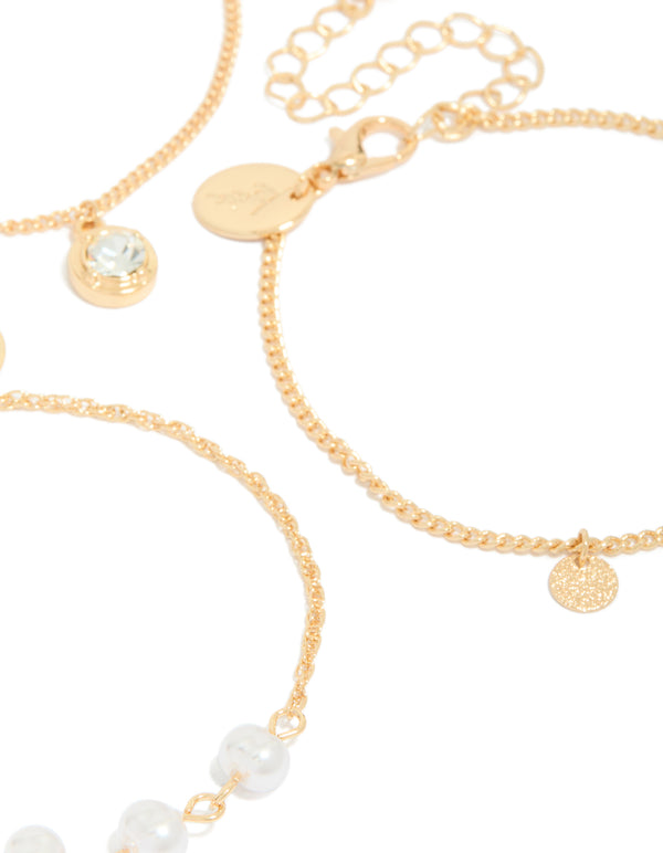 Gold Pearl & Diamante Charm Bracelets 3-Pack