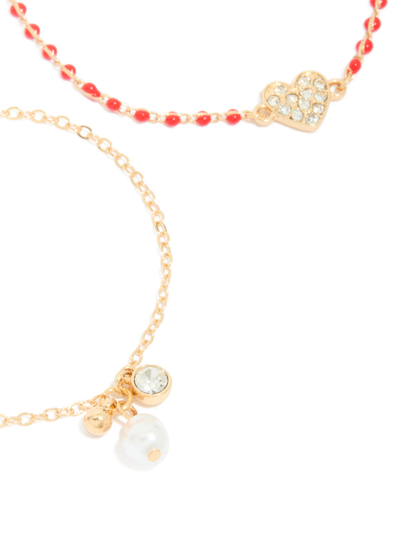 Gold Red Beaded Diamante Heart & Pearl Bracelets 2-Pack