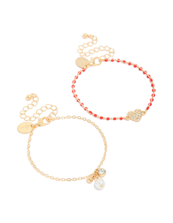 Gold Red Beaded Diamante Heart & Pearl Bracelets 2-Pack