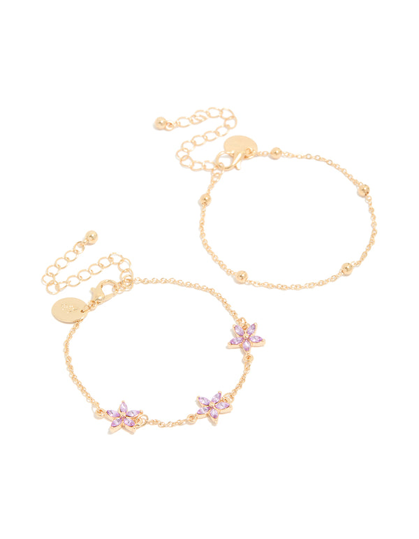 Showcasing beaded chain bracelets with diamante lavender floral feature in a 2-pack front view