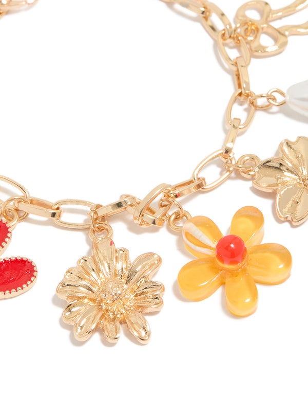 Gold Flower Pearl Heart Charm Bracelet