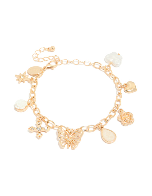 Gold Cross & Butterfly Charm Bracelet