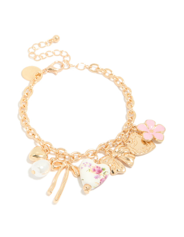Gold Floral Bow Pearl Charm Bracelet