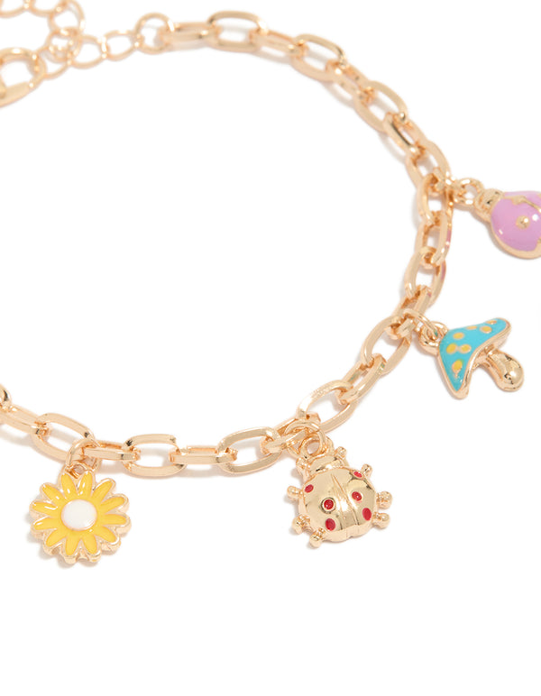 Gold Bug & Mushroom Charm Bracelet