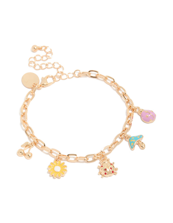 Gold Bug & Mushroom Charm Bracelet