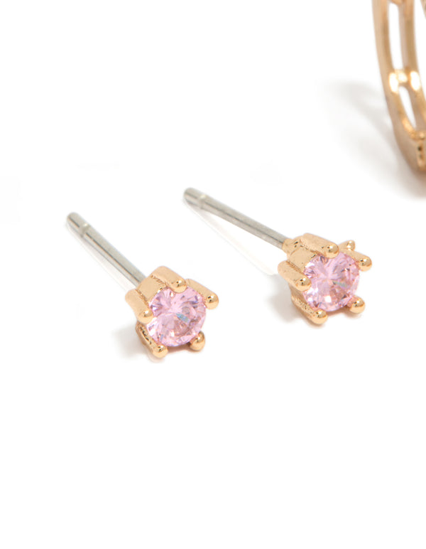 Designed with gold pink cubic zirconia stud earrings from a 2-pack featuring charm details and crystal accents post detail view