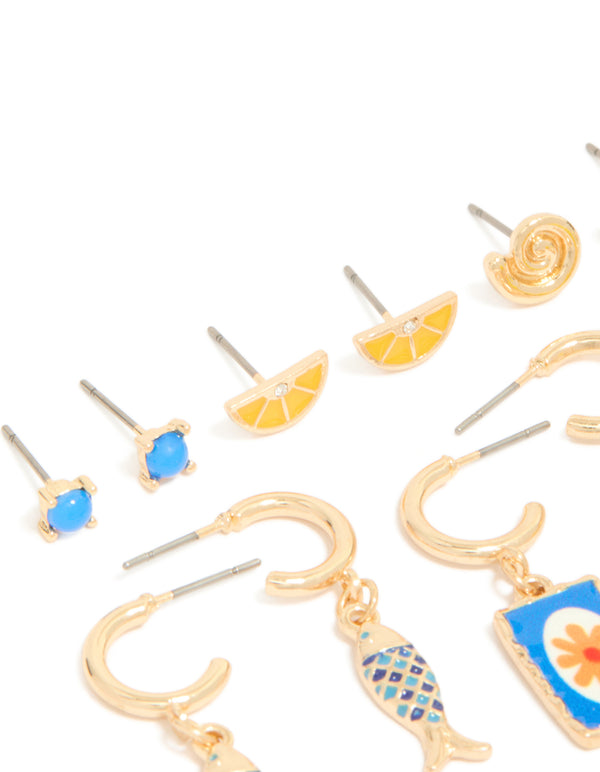 Showcasing gold lemon holiday stud and hoop earrings 6-pack with ocean, fruit, shell, floral and charm designs in yellow blue lime green close up view
