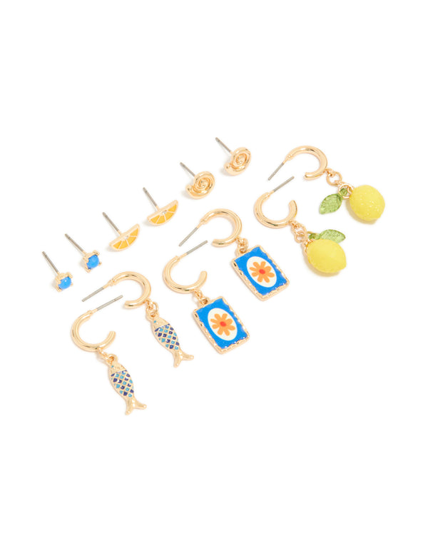 Featuring gold stud and hoop earrings with ocean, fruit, shell ,floral and charm designs in yellow blue lime green front view