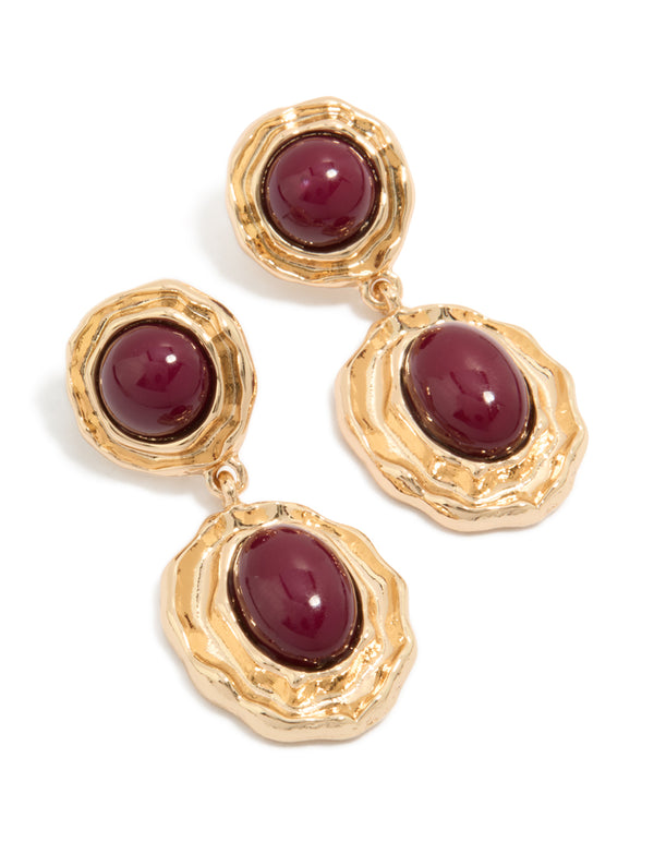 Statement gold double burgundy resin drop earrings with maroon accents front view