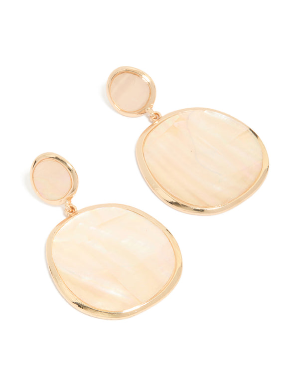 Beautifully designed statement drop earrings featuring genuine shell in pink with ocean-inspired details and gold finish front view