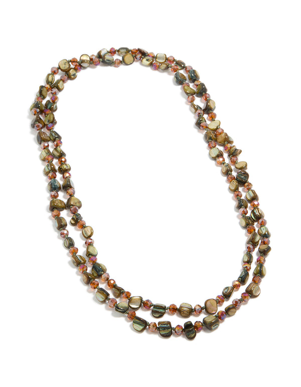 Showcasing a green irregular beaded double layered long necklace with olive, darkolivegreen, brown and coral tones front view