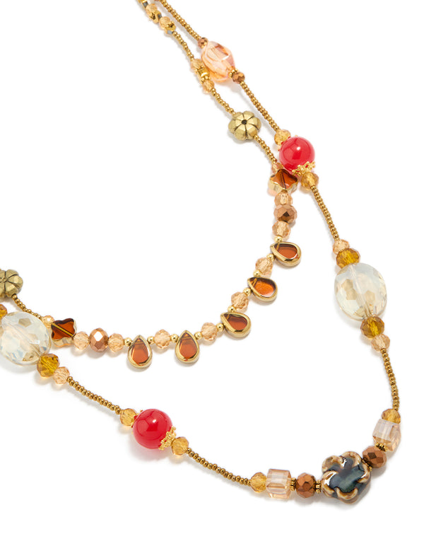 Gold Long Acrylic & Glass Stone Beaded Necklace