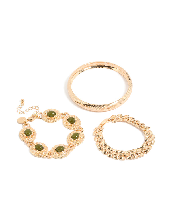 Featuring a beaded bracelet, resin bead bangle, and layered chain in gold, 3-pack front view