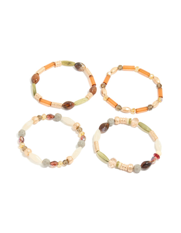 This set presents neutral acrylic irregular beaded stretch bracelets in a 4-pack, featuring chunky beads with olive, orange, and sienna tones front view