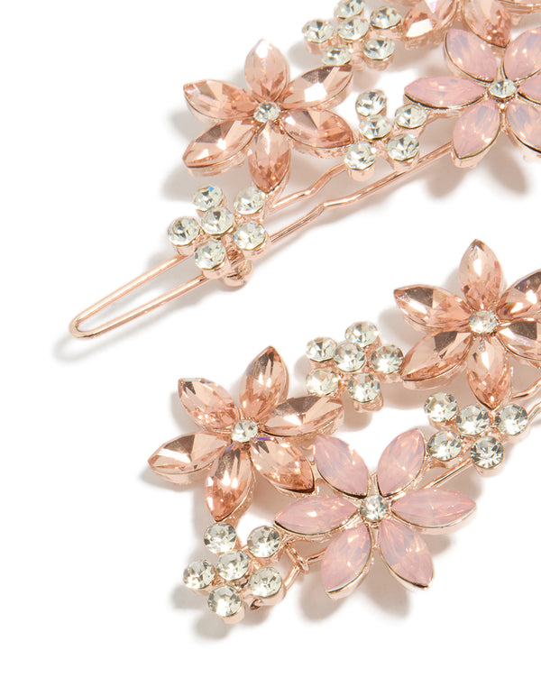 Showcasing rose gold diamante detailed flower clips with floral design in a 2-pack detail view