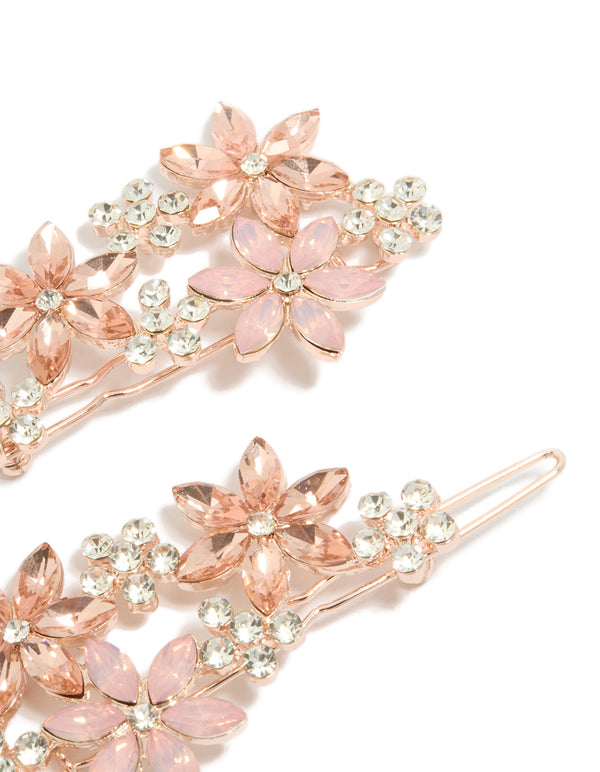 Beautiful rose gold diamante detailed flower clips featuring floral pattern in 2-pack side view