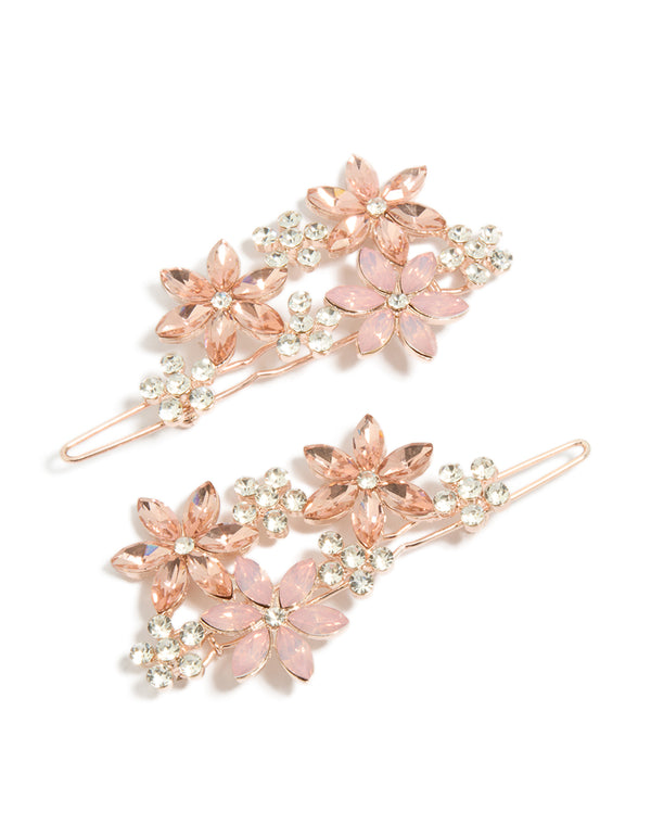 Elegantly crafted rose gold diamante detailed flower clips in a 2-pack with floral design front view