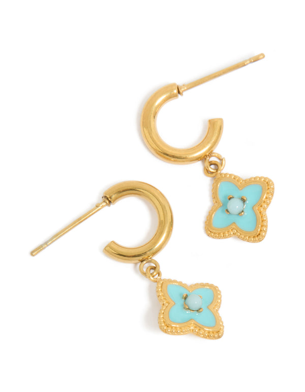 Showcasing gold plated stainless steel blue enamel flower hoop earrings front view
