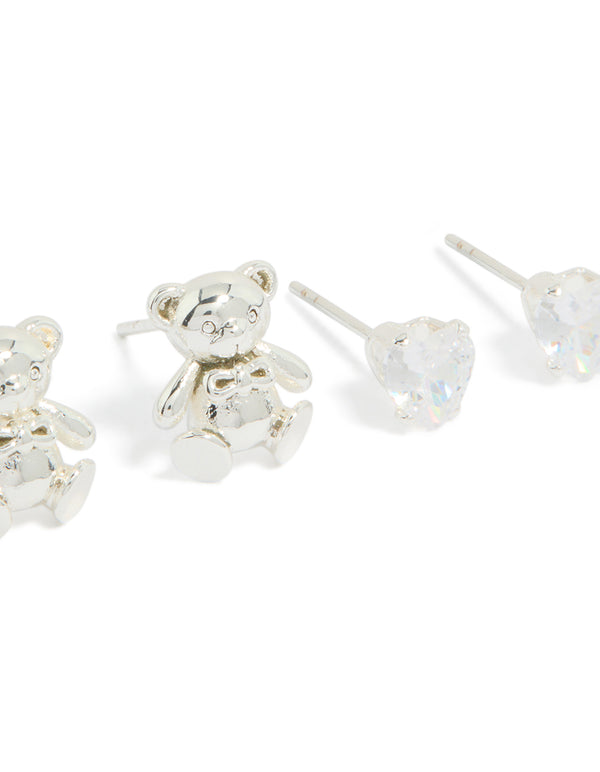 Highlighting stainless steel 3D animal bear and cubic zirconia stud earrings 2-pack with waterproof crystal in silver, white, and gold close up view