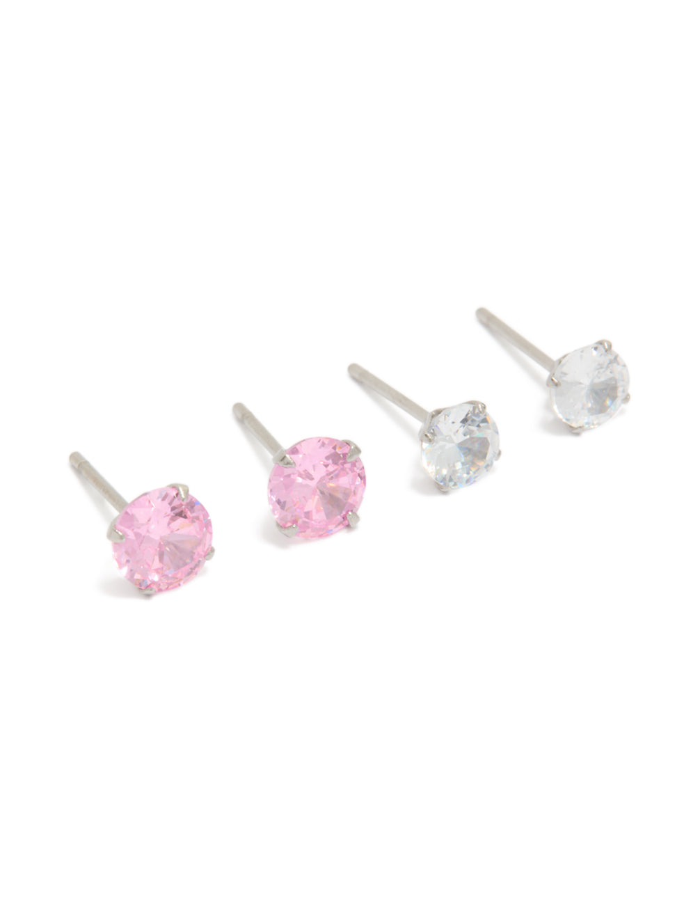 Featuring waterproof gold plated stainless steel stud earrings with round cut cubic zirconia crystals in light pink and clear front view