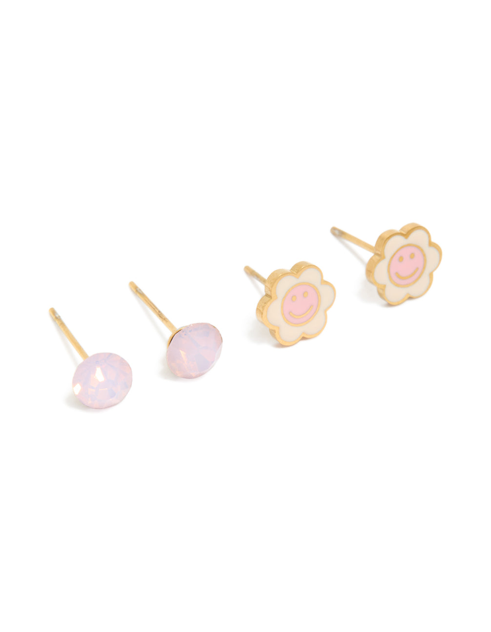 Featuring floral smiley stud earrings crafted from stainless steel with gold plated finish in a 2-pack, front view