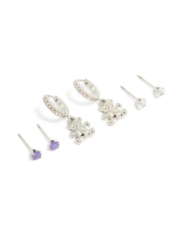Explore this stainless steel bear earrings 3-pack featuring cubic zirconia crystals with waterproof huggie and stud closures in silver, blueviolet, and white front view