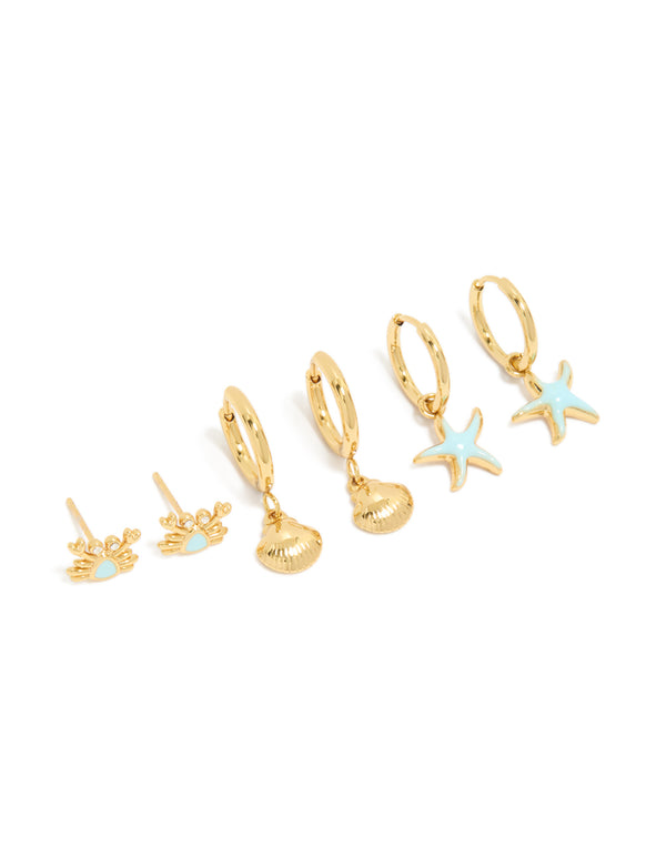 Tweens Waterproof Gold Plated Stainless Steel Sea Stacking Earrings 3-Pack