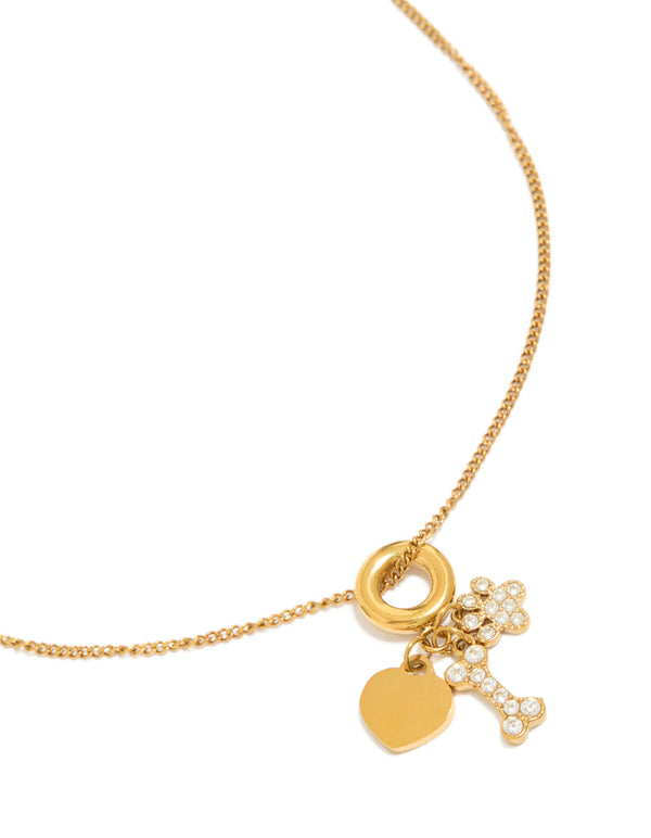 Tweens Gold Plated Stainless Steel Paw & Bone Charm Necklace