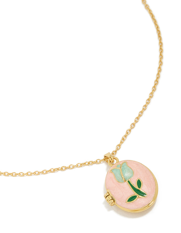 Discover this charming tulip locket necklace crafted from gold plated stainless steel with blue enamel featuring floral leaf pendant design front view