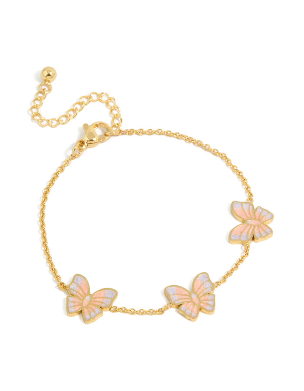 Showcasing a tweens butterfly charm bracelet with glitter enamel accents, crafted from waterproof gold plated stainless steel in pink and lavender front view
