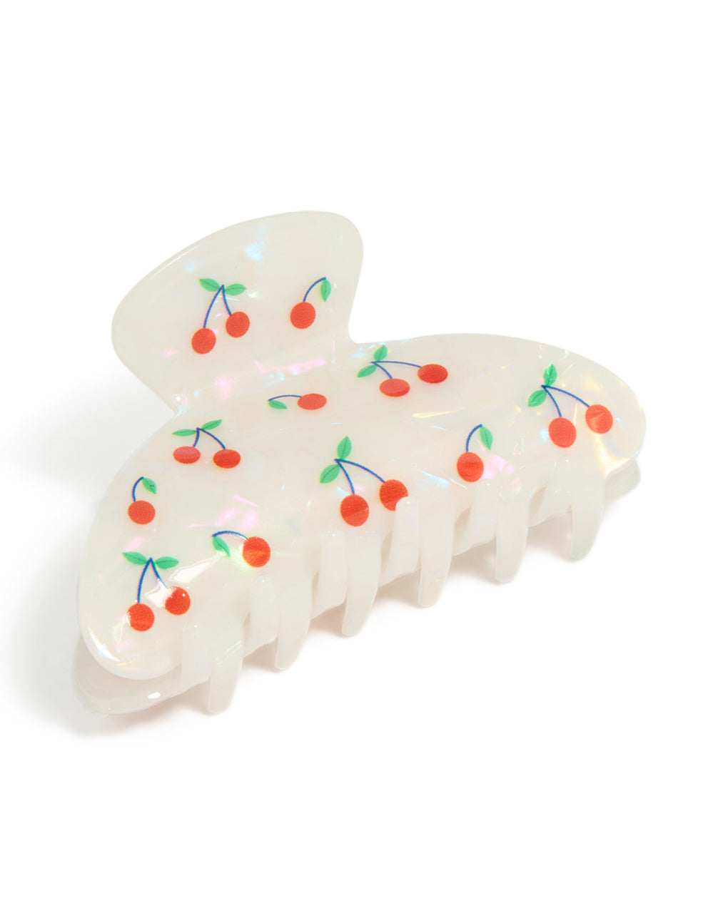 Showcasing a tweens cherry print acrylic arch hair claw clip with fruit design in ivory front view