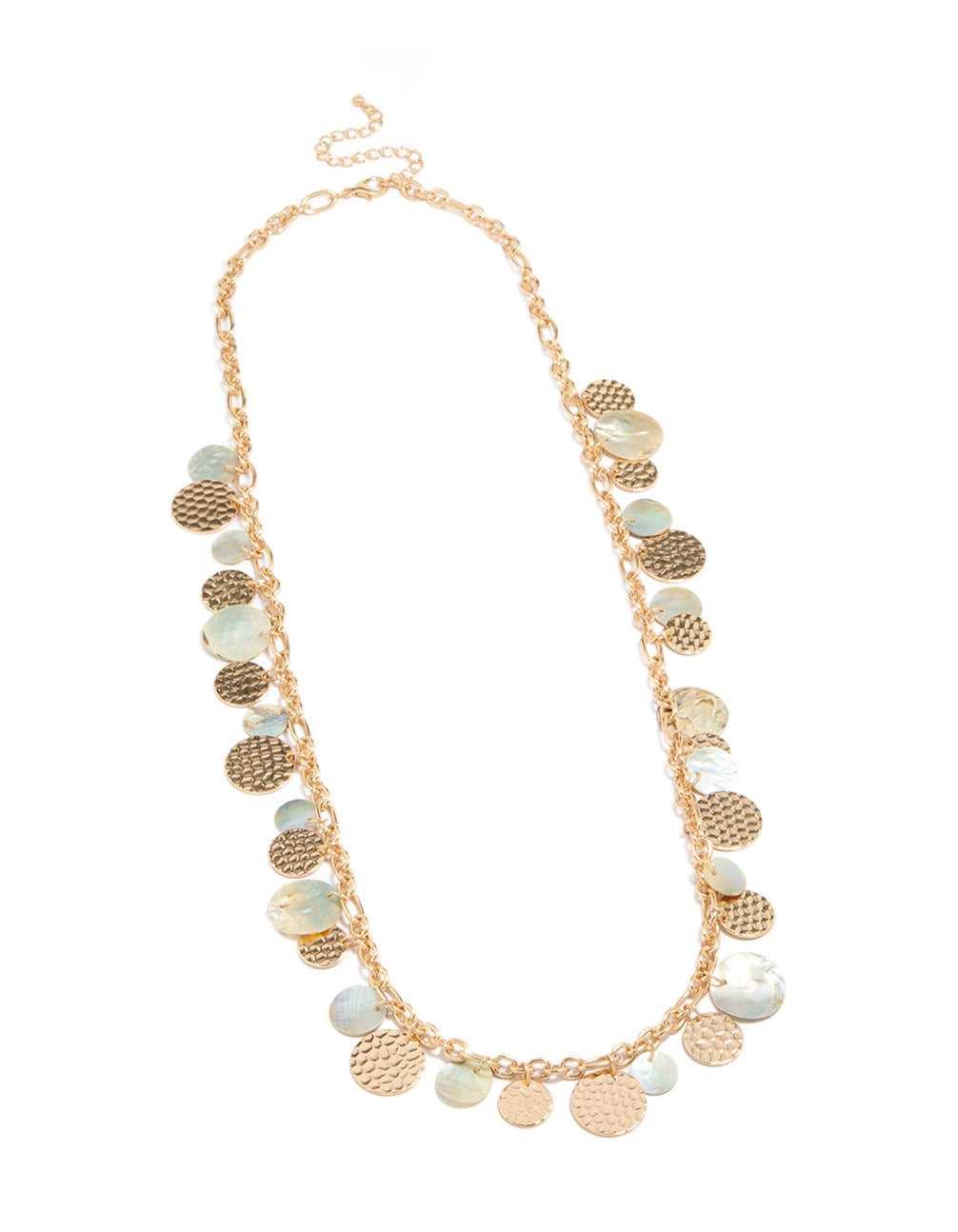 Crafted as a statement necklace with charm ocean elements featuring shell in gold front view