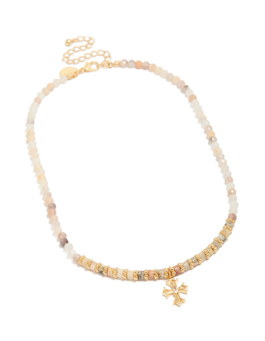 Presenting a gold plated semi precious stones beaded cross necklace front view