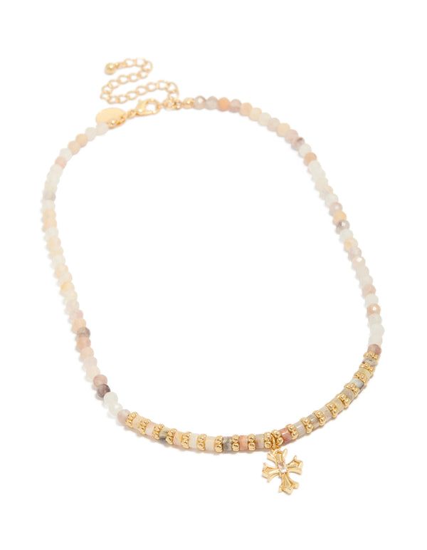 Presenting a gold plated semi precious stones beaded cross necklace front view
