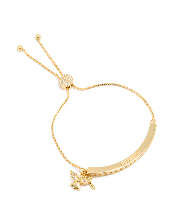 Featuring an angel charm with wings, this gold plated cubic zirconia toggle bangle showcases crystal and a statement design in front view