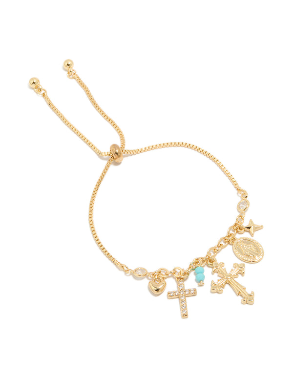 Gold Plated Cubic Zirconia Cross & Heart Charms Toggle Bracelet