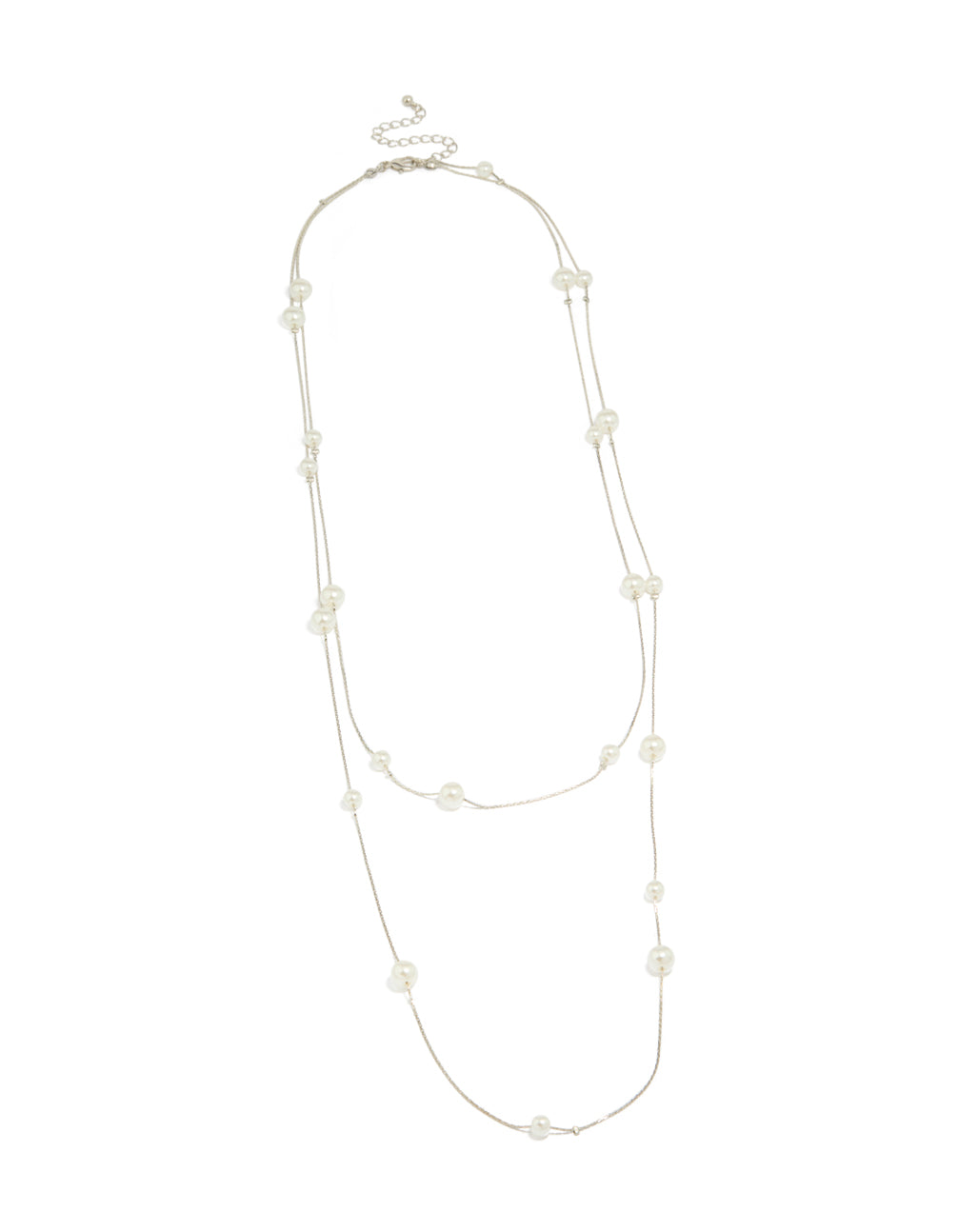 Featuring this silver pearl layered necklace in ivory front view