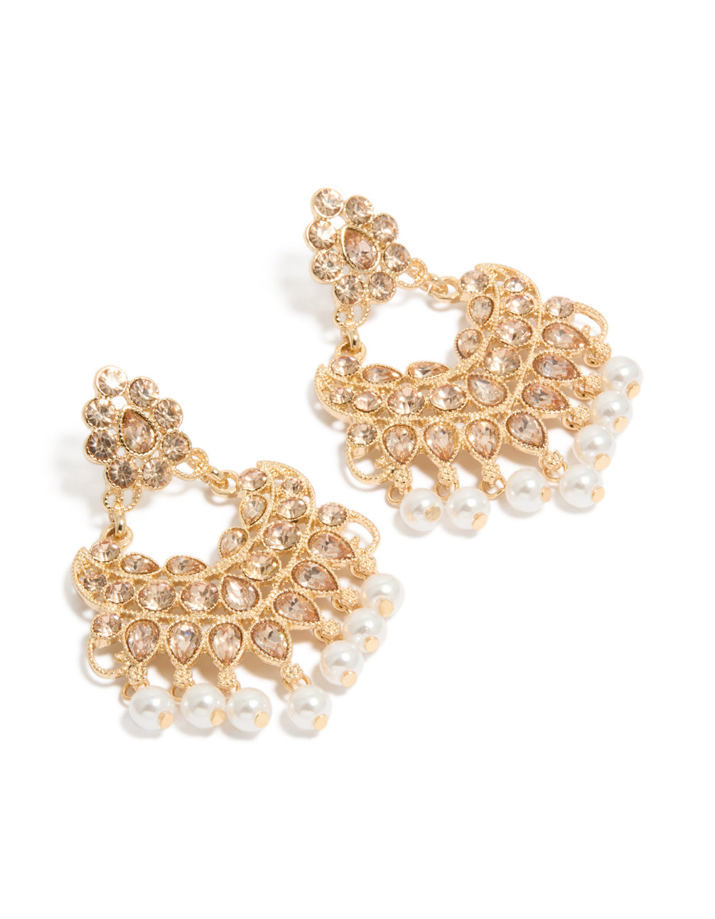 Showcasing statement drop earrings featuring with charm and pearl accents in gold front view