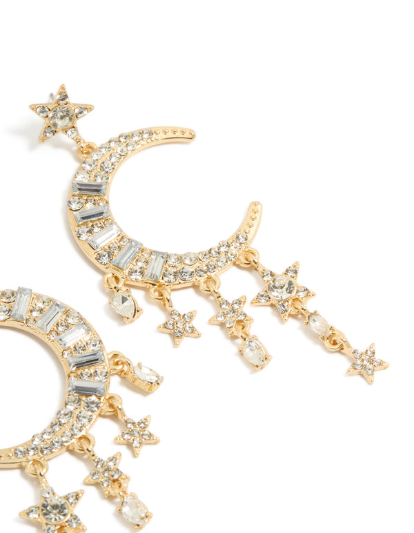 Showcasing diamante statement drop earrings featuring celestial charm elements in gold post detail view