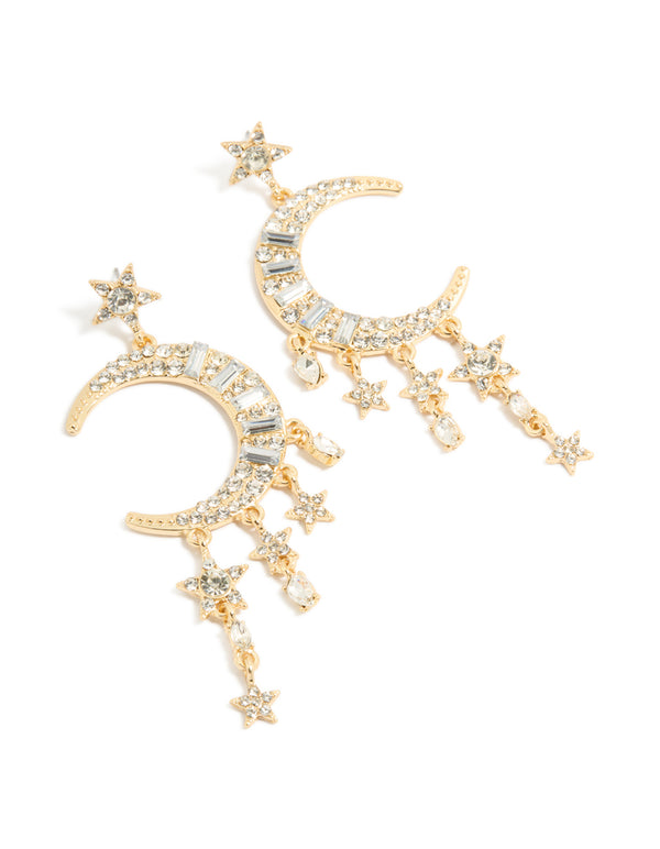 Beautifully crafted statement drop earrings featuring celestial charm details in gold and diamante front view