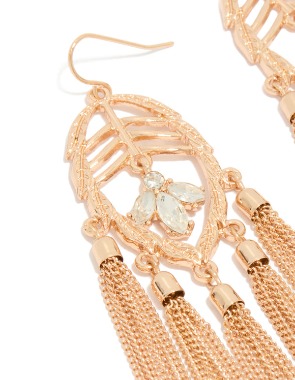 Gold Leaf Diamante Tassel Drop Earrings