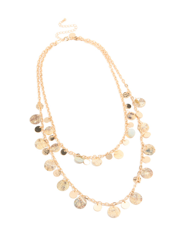 Elegantly designed genuine shell and disc layered necklace in statement gold front view