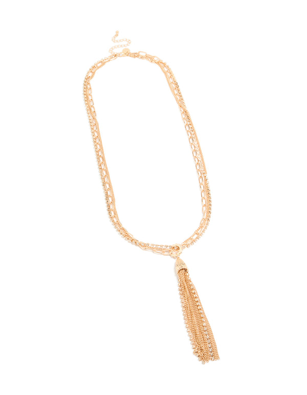 Beautiful gold long multi chain tassel necklace in statement style front view