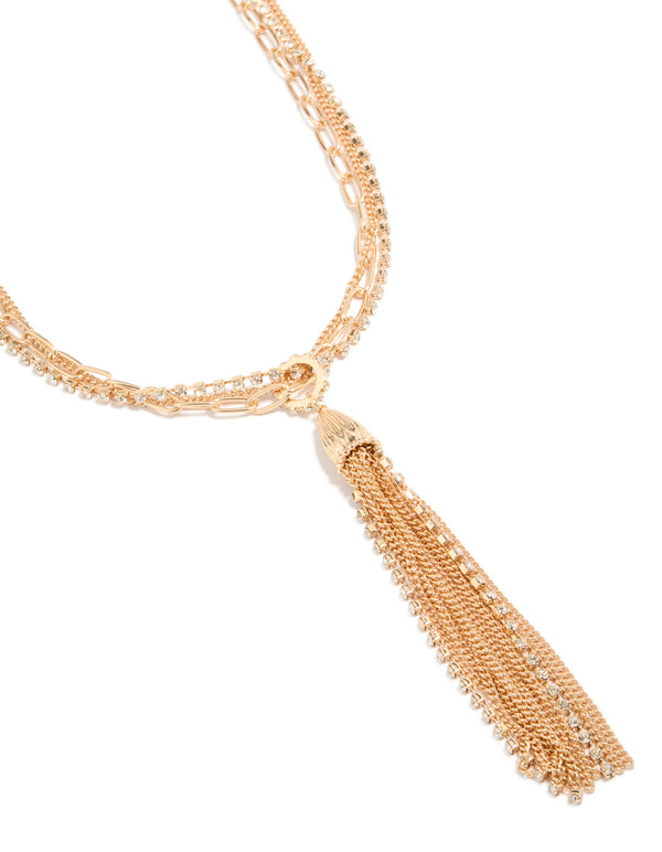 Elegantly designed gold long multi chain tassel necklace with statement styling close up view