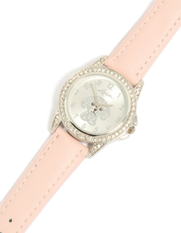 Showcasing a kids pink PU leather silver diamante dog watch featuring animal motif with glitter accents numbers white dial round shape designed for women casual occasions analog type leather strap front view