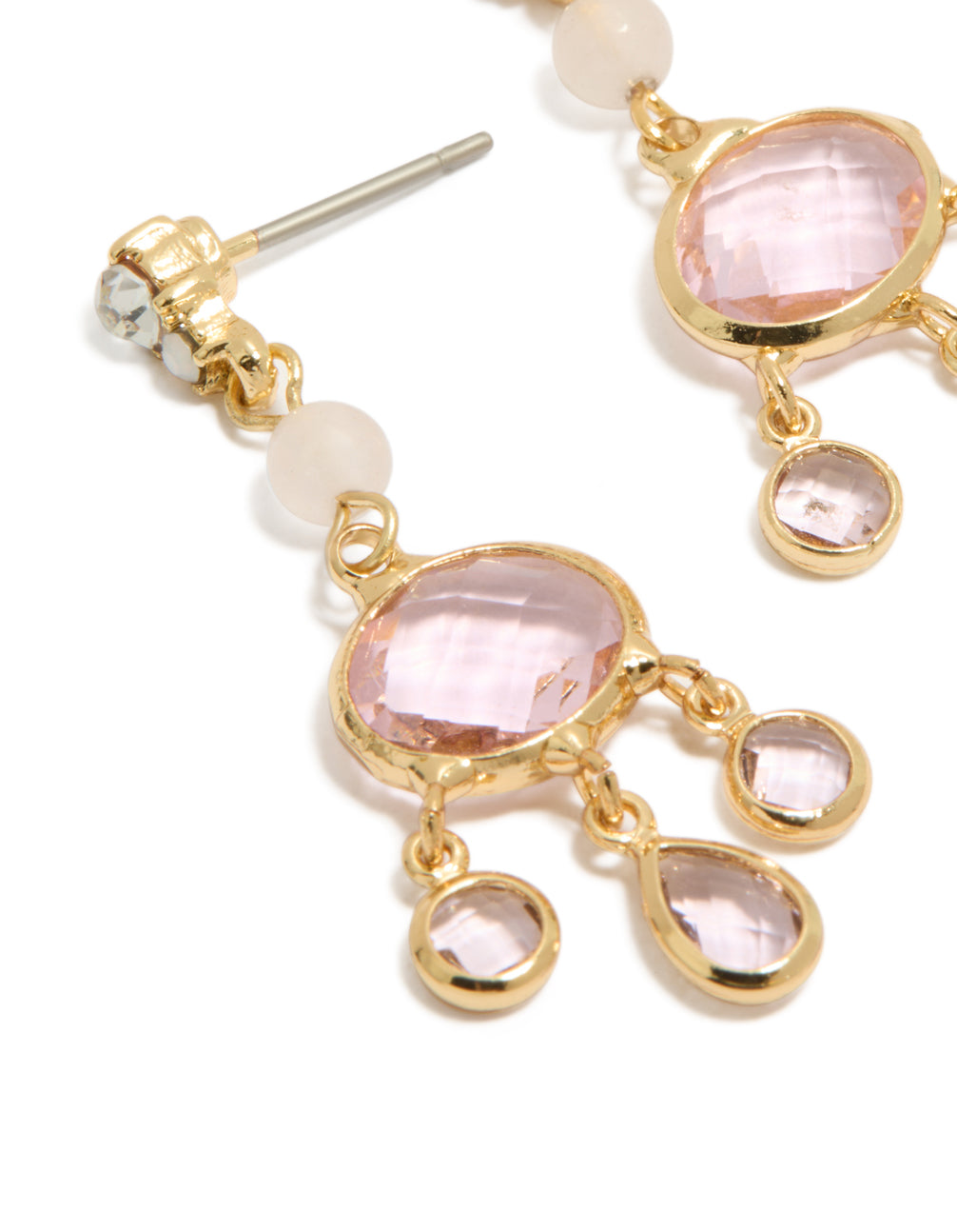 Designed with gold plated clear bead and diamante drop earrings featuring charm details close up view